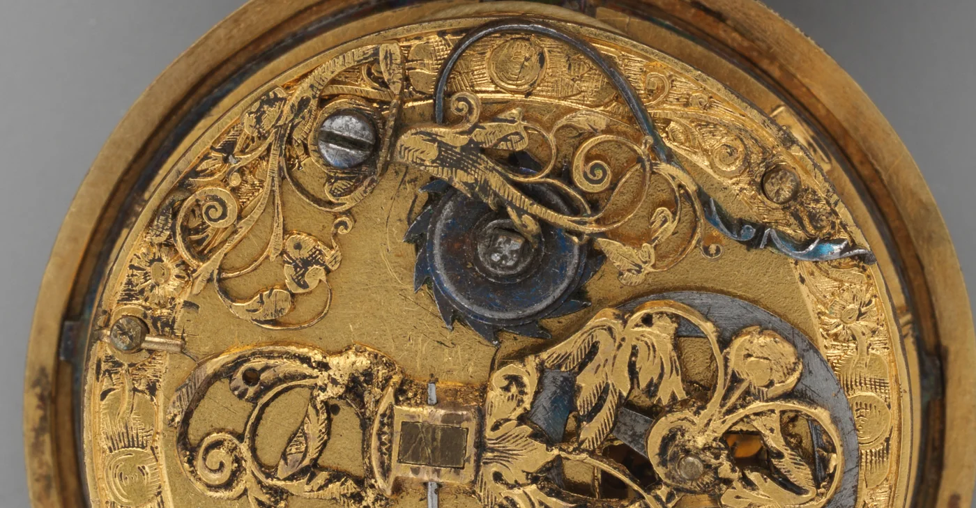 Фрагмент механизма часов James Vautrollier,около1620–1625,TheMet17.190.1553. Историческая иллюстрация часового дела,не модельPatek и не схема годового/вечного календаря; кадрирование раскрыто в атрибуции.