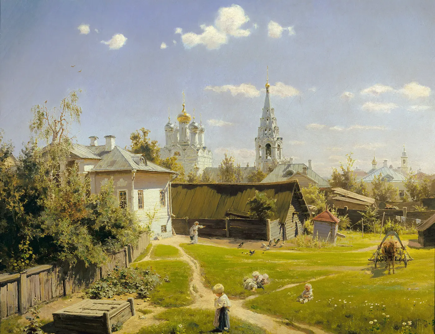 Фрагмент картины Василия Поленова «Московский дворик», 1878, ГТГ, инв.2670: небо, церкви и деревянные строения московского двора. Цифровая репродукция Google Art Project; нижняя полоса полного изображения отсечена.